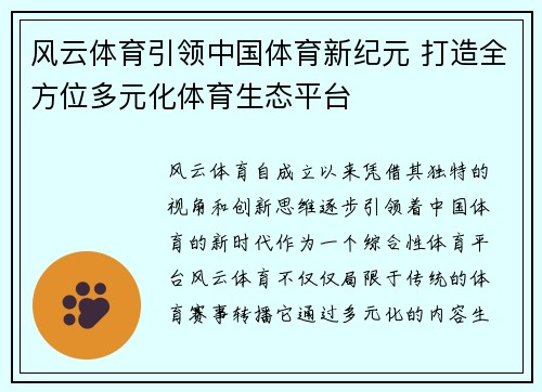 风云体育引领中国体育新纪元 打造全方位多元化体育生态平台